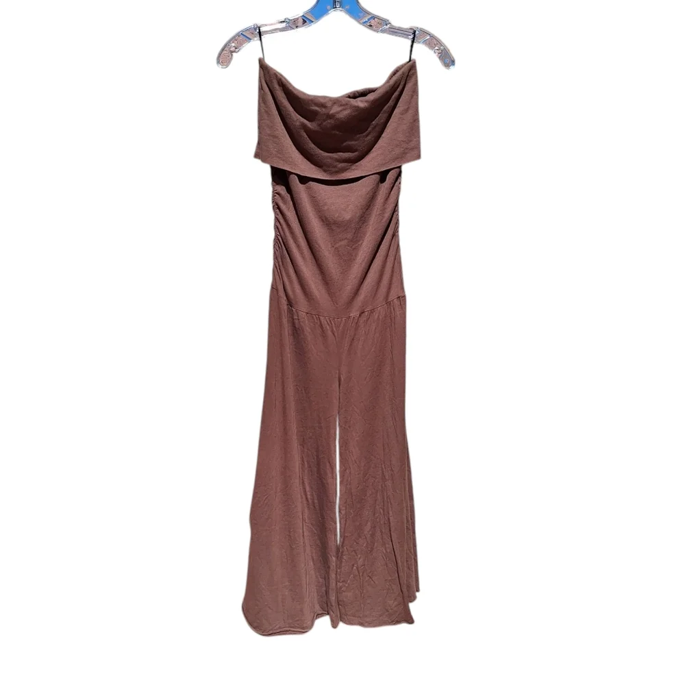 GUESS Y2K Wide Leg Crop Jumpsuit Bardot Drop Waist Brown Cotton Jersey Boho XS - Picture 1 of 10
